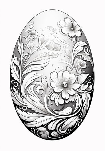 Easter egg coloring page with flowers, ornamental style, holotone printing, light gray, hard edge, bleaches, naive, shiny