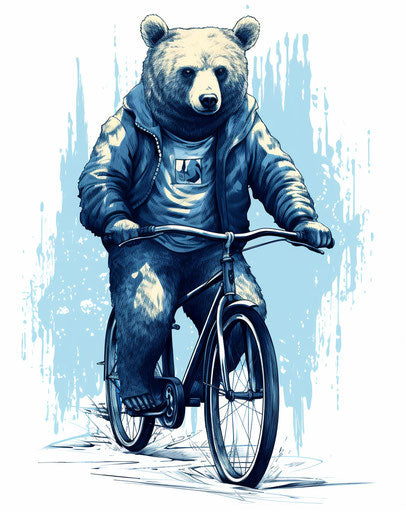 Bear on bicycle, graphic and surreal, blue and gray