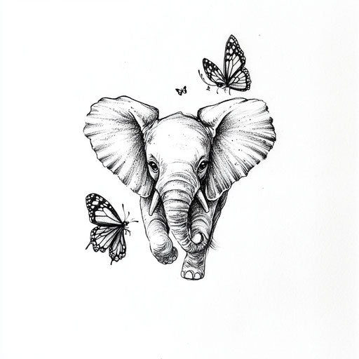 Small elephant tattoo with butterfly in delicate colors