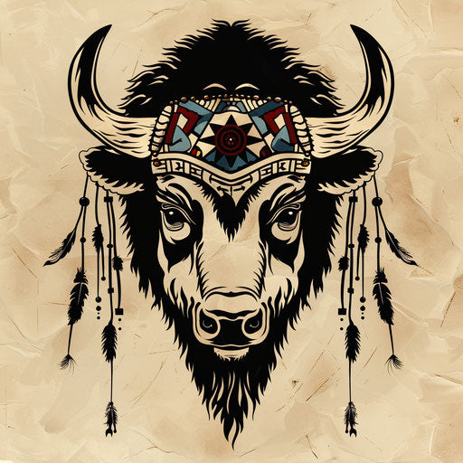 Sketch of cultural bison tattoo with Native American beadwork designs