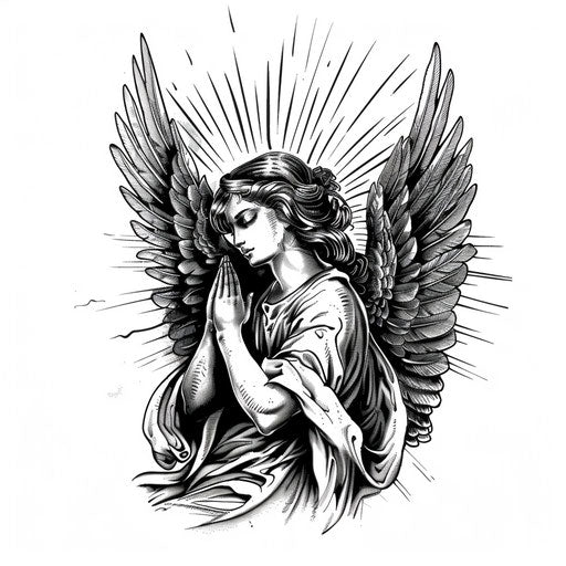 A guardian angel in prayer, with light rays emanating from behind, as a detailed tattoo design on a stark white background.