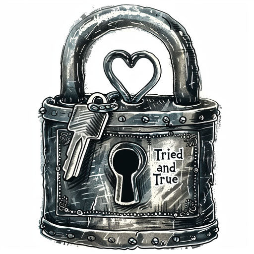 Padlock with heart-shaped key, 'Tried and True', metallic tones