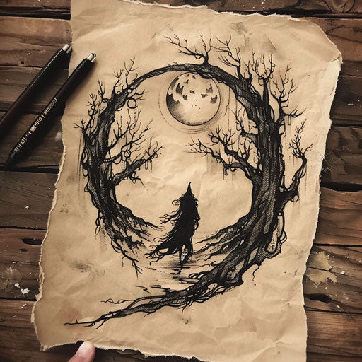 Rustic flat tattoo sketch of a shinigami wandering through an ancient forest