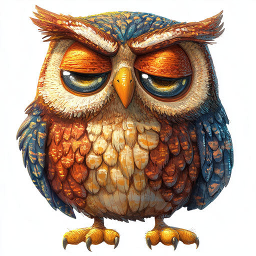 Humorous caricature of a cute owl with exaggerated human characteristics