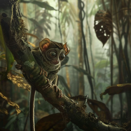 Tarsier on a tree branch in the heart of a dense rainforest