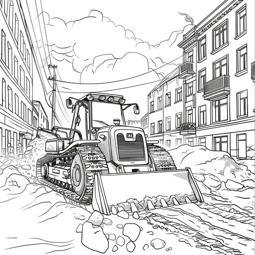 Snow Clearing of City Street by Bulldozer in Winter