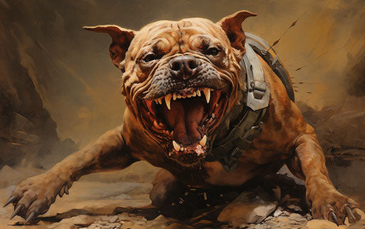 Snarling dog in dirt, violent style, maroon and amber