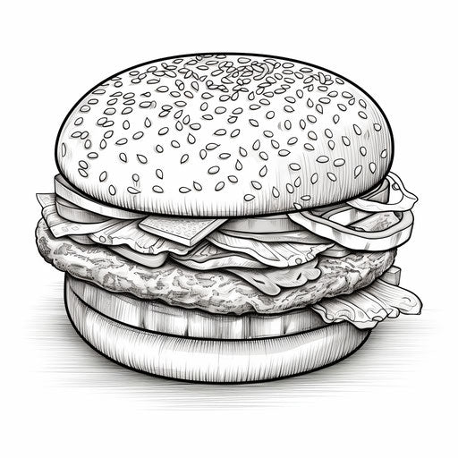 A burger coloring page in focus stacking style, tondo, light gray, flat, dark white and black, uhd image