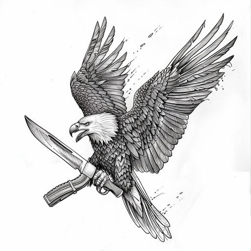 Eagle in flight with hunting knife, hunting tattoo design