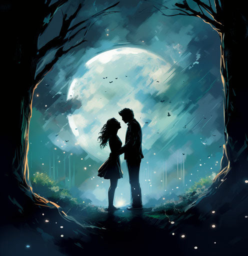 The moon in the sky with couple kissing
