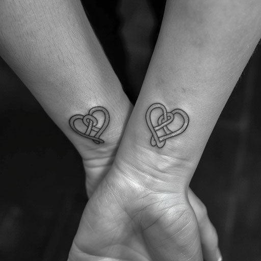 Sister tattoos of intertwined hearts, Guy Aitchison style