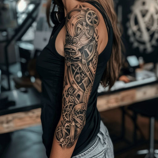 Arm tattoos for women in the style of Adrian Smith with intricate mechanical gears and steampunk themes