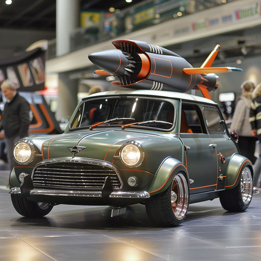 1980 Mini Cooper with retro-futuristic rocket car design showcased at futuristic expo
