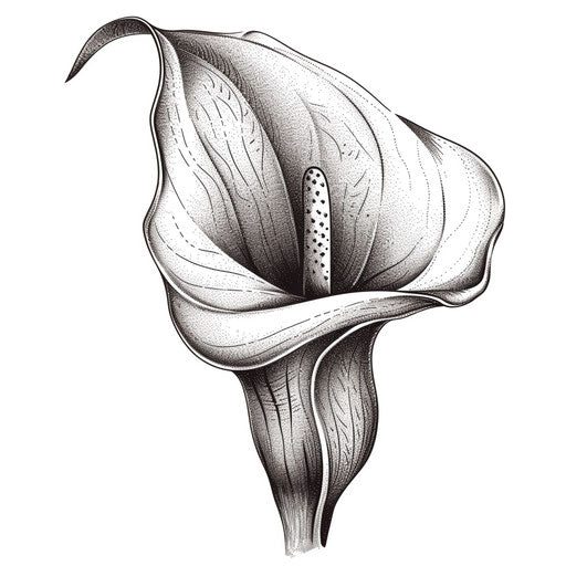 Monochrome clipart-style tattoo sketch of a calla lily with detailed stippling and shading