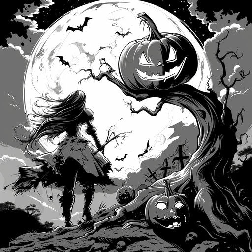 Illustration for Halloween, clean and sharp inking style, smilecore, aggressive digital illustration, commission for, light gray and black, rounded, dave stevens