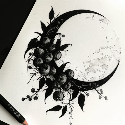 Bold and dark flat tattoo sketch with a cluster of jagua berries silhouetted against the moon