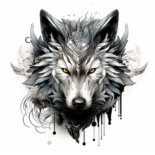 Black and white tribal wolf head in multilayered collages