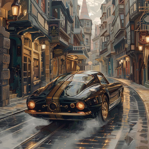 Steampunk car with brass details cruising through an old Victorian city