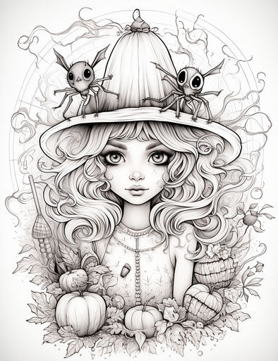 Halloween coloring pages with a witch and a spider, cinematic style 70mm