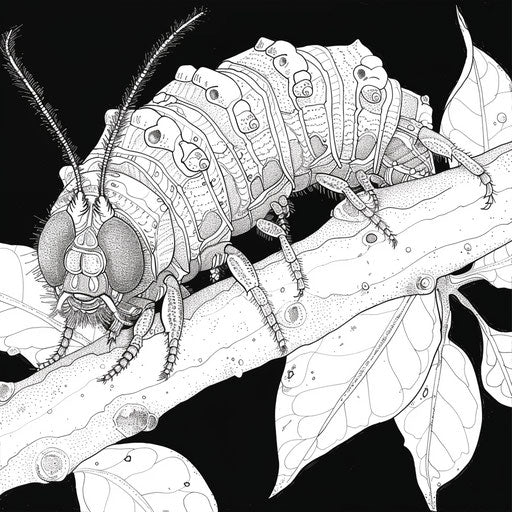 Caterpillar transforming into chrysalis. Coloring book page