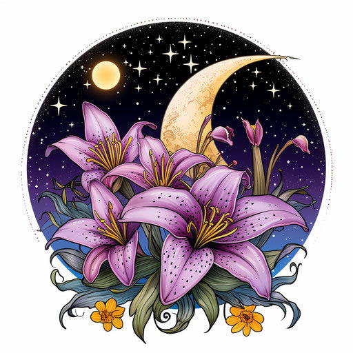 Purple flower with moon lily, linear compositions style, colorful fantasy realism