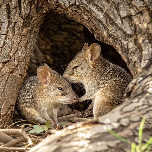 Northern bandicoots grooming under gum tree