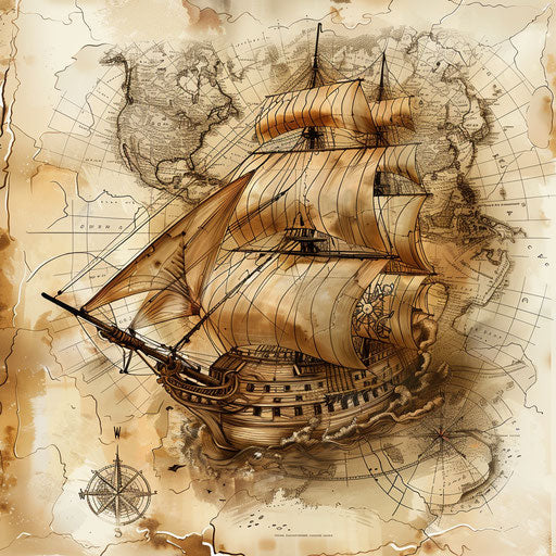 Adventurous tattoo sketch of a pirate ship discovering new lands