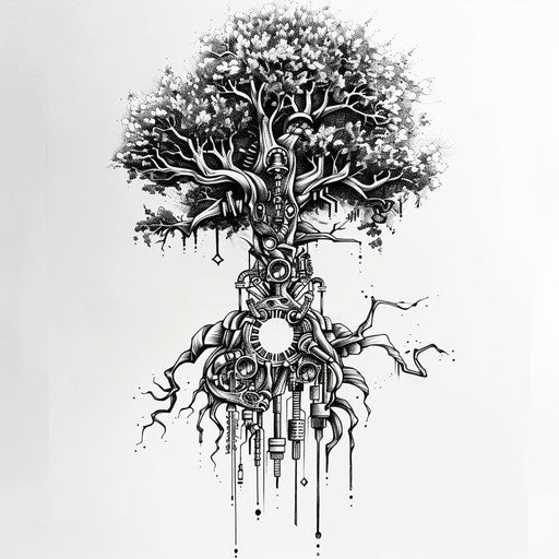 Biomechanical tree of life tattoo blending organic shapes with mechanical details