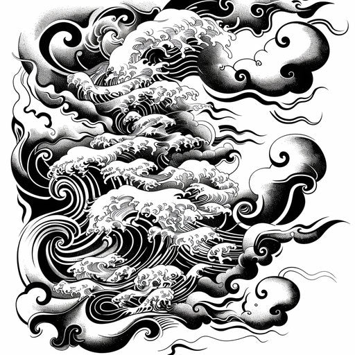 Traditional motifs and waves in black on white