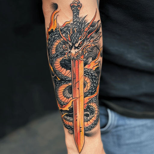 Dragon arm tattoo with dragon around flaming sword
