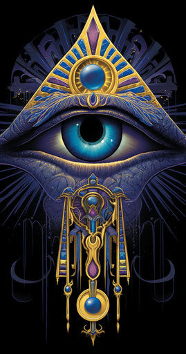 Egyptian ankh with eye and crown, colorful Moebius style