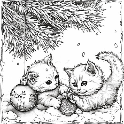 Christmas kittens playing with ornaments in the style of Teagan White coloring book page
