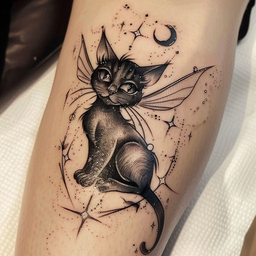 Fantasy black cat tattoo with magical elements