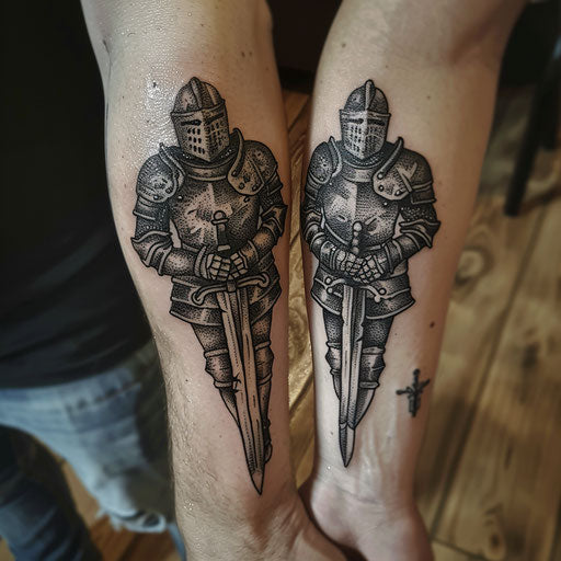 Matching tattoos for friends of a knight, in the style of Glenn Fabry