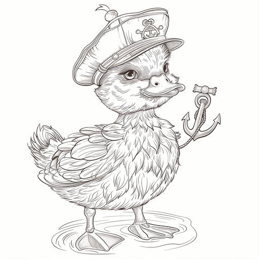 Whimsical duck with sailor hat and anchor. Coloring book page