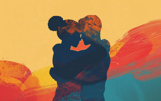 Silhouettes embracing, light brown and dark azure style, text and emoji installations, eye-catching