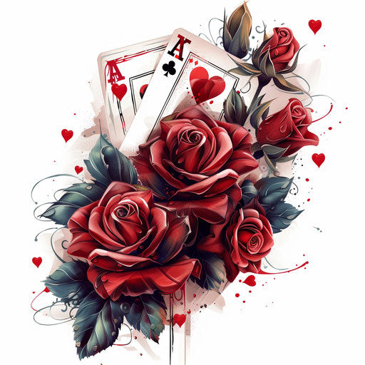 Playing cards painting roses red, vivid and lively on white sheet