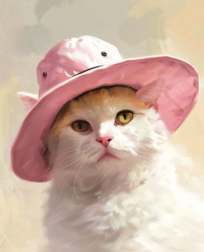 Cat in pink hat, light white and maroon style, playful expression