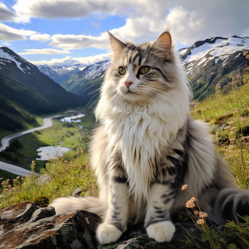 Norwegian forest cat in front of mountain scenery