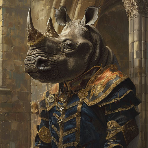 A rhino as a royal guard in a medieval castle