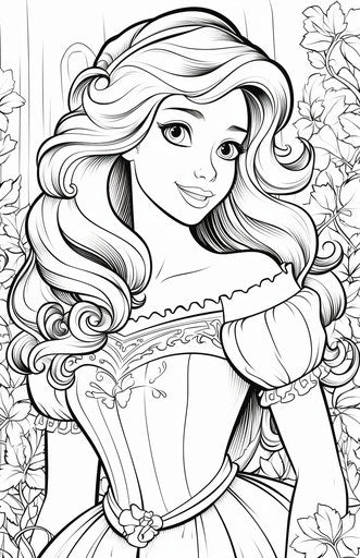 Disney princess coloring pages, black and white ink drawings, captivating, baroque