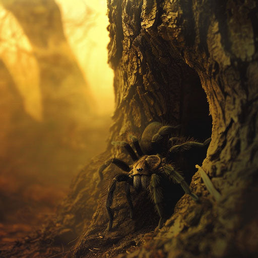 Tarantula emerges from a tree hollow in a misty forest