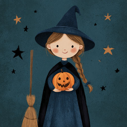 Cheerful witch girl with a Jack-o'-lantern