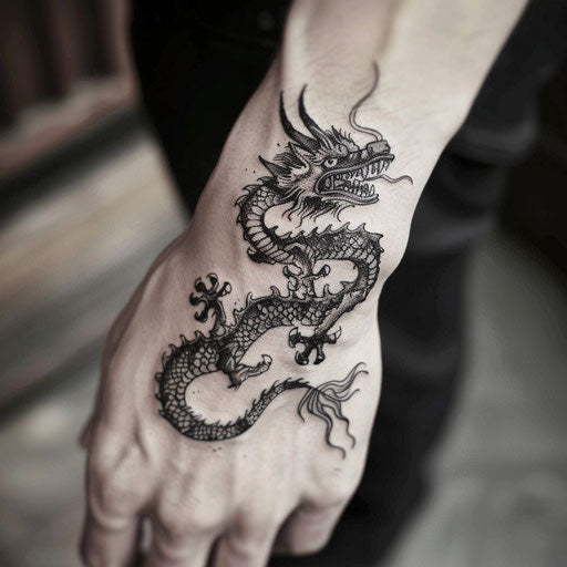 Men's wrist tattoos with detailed dragon, Adrian Smith style