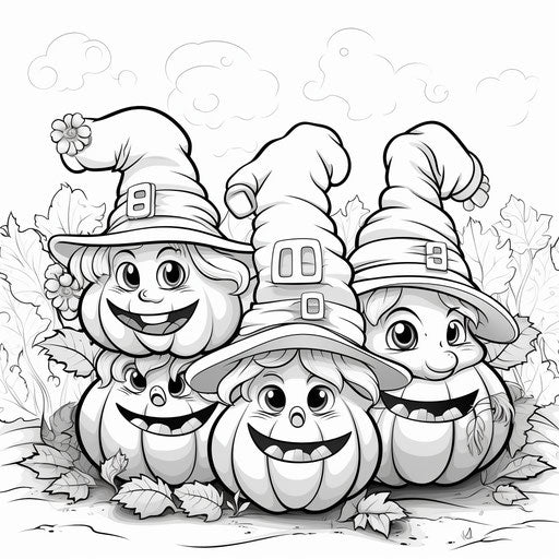 Pumpkins with hats coloring pages, rok stock, captivating style, character caricatures