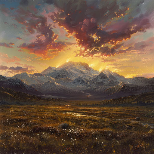 Denali at sunset, glowing horizon, in the style of Andreas Achenbach