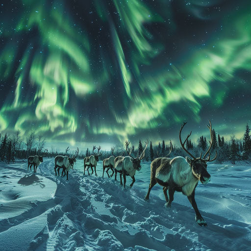Woodland caribou migration under the northern lights