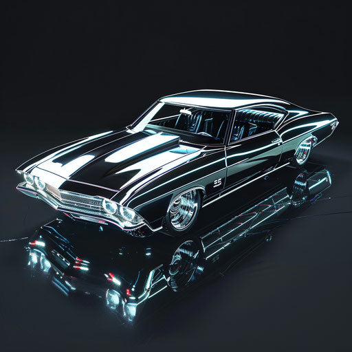 Futuristic 1969 Chevrolet Chevelle SS with reflective surfaces and hovering capability