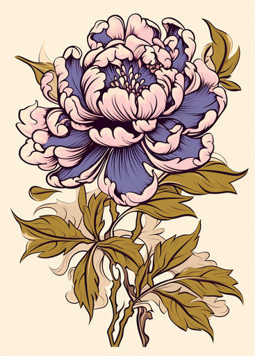 Bright purple peony flower with leaves and doodle stock image