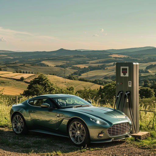 Eco-friendly electric Aston Martin DB7 Zagato charging at a solar station in the countryside